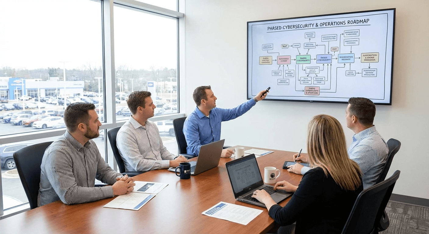 Dealership IT implementation workshop focused on uptime, security, and escalation readiness.