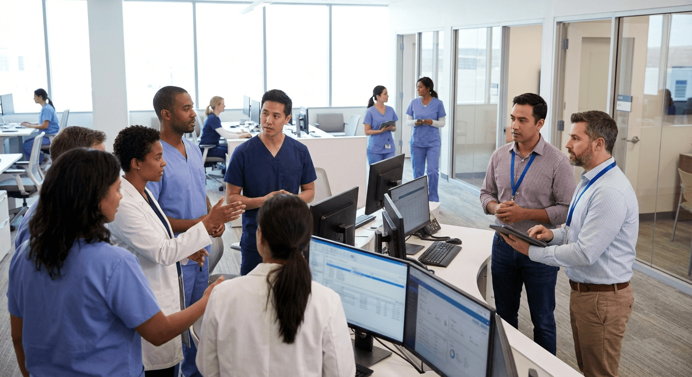 Healthcare operations leadership reviewing secure clinical systems in a modern practice environment.