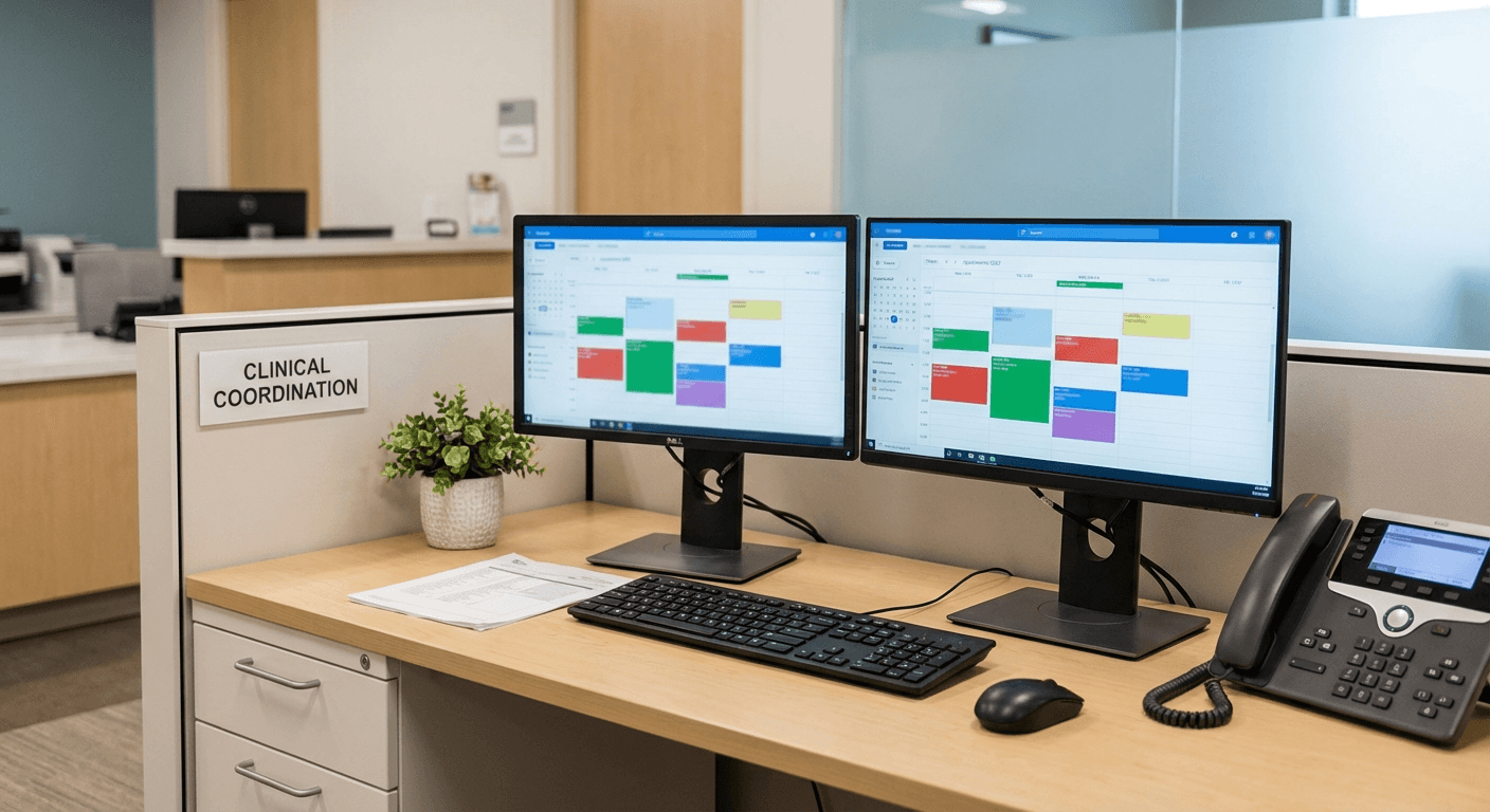 Clinic operations workstation setup showing coordinated scheduling and support workflows.