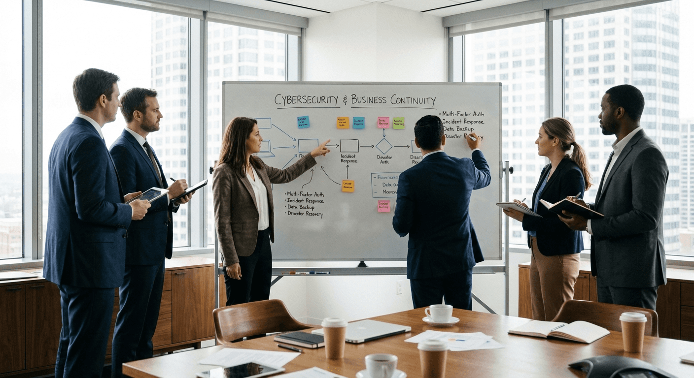 Legal technology implementation planning session centered on confidentiality and continuity controls.