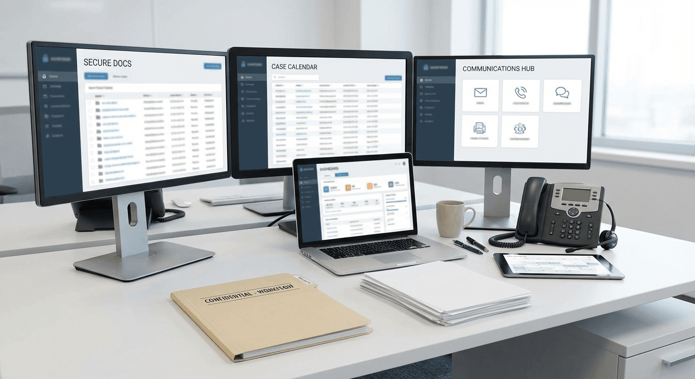 Law-firm operations workstation focused on secure matter-management workflow execution.