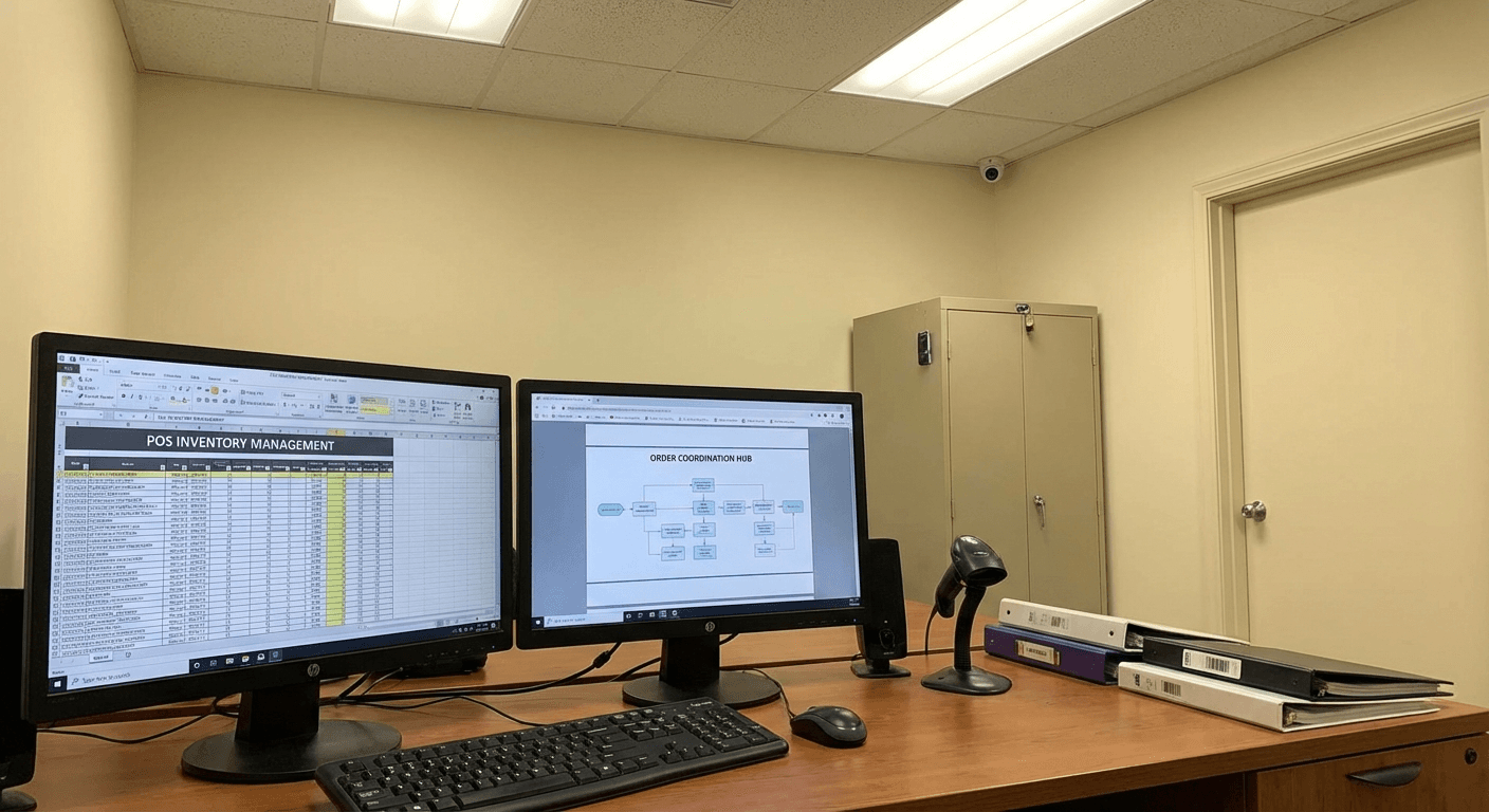 Retail checkout and inventory workflow environment in an active local shop.