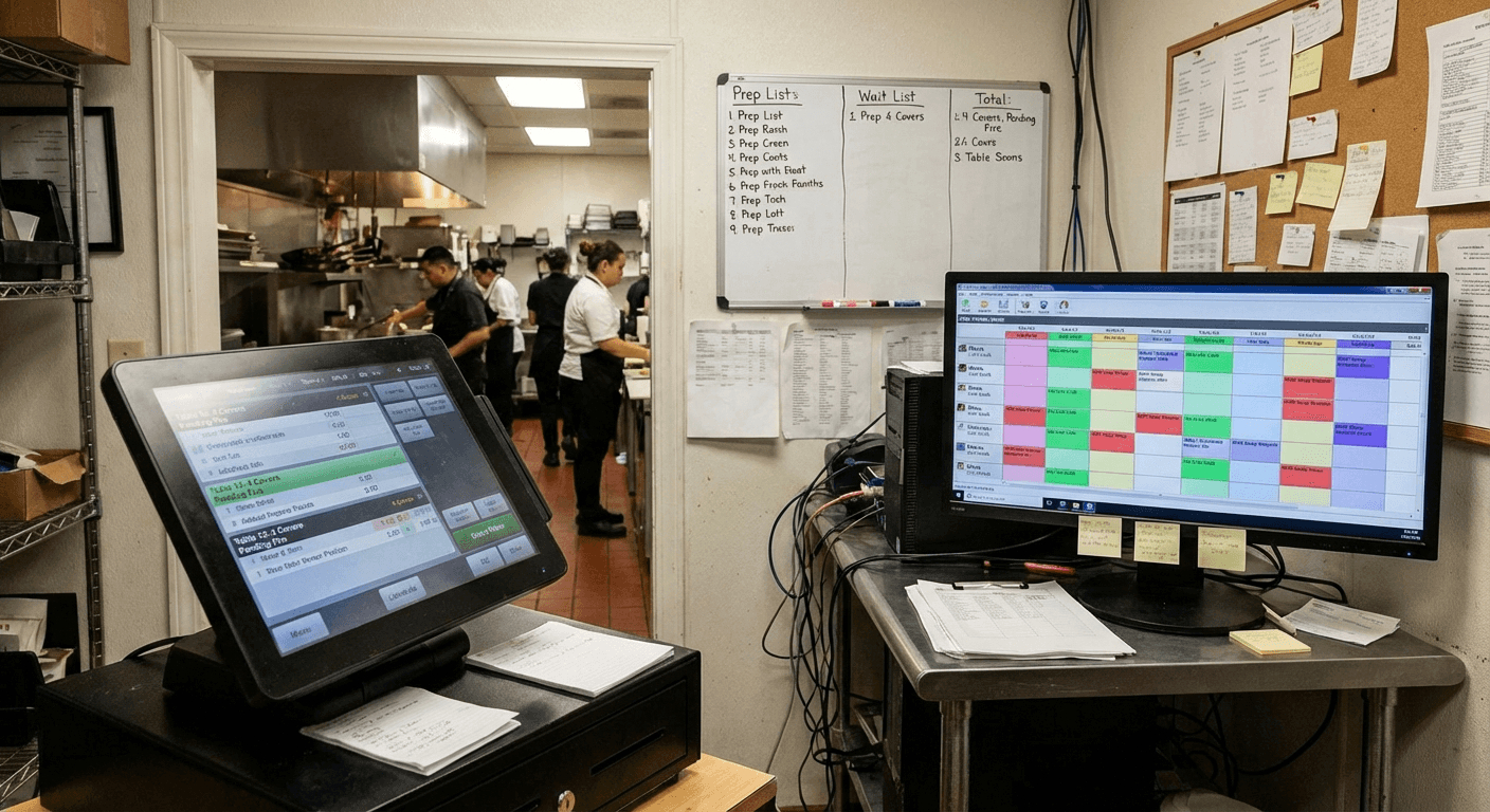 Restaurant front-of-house and back-of-house technology workflow environment.